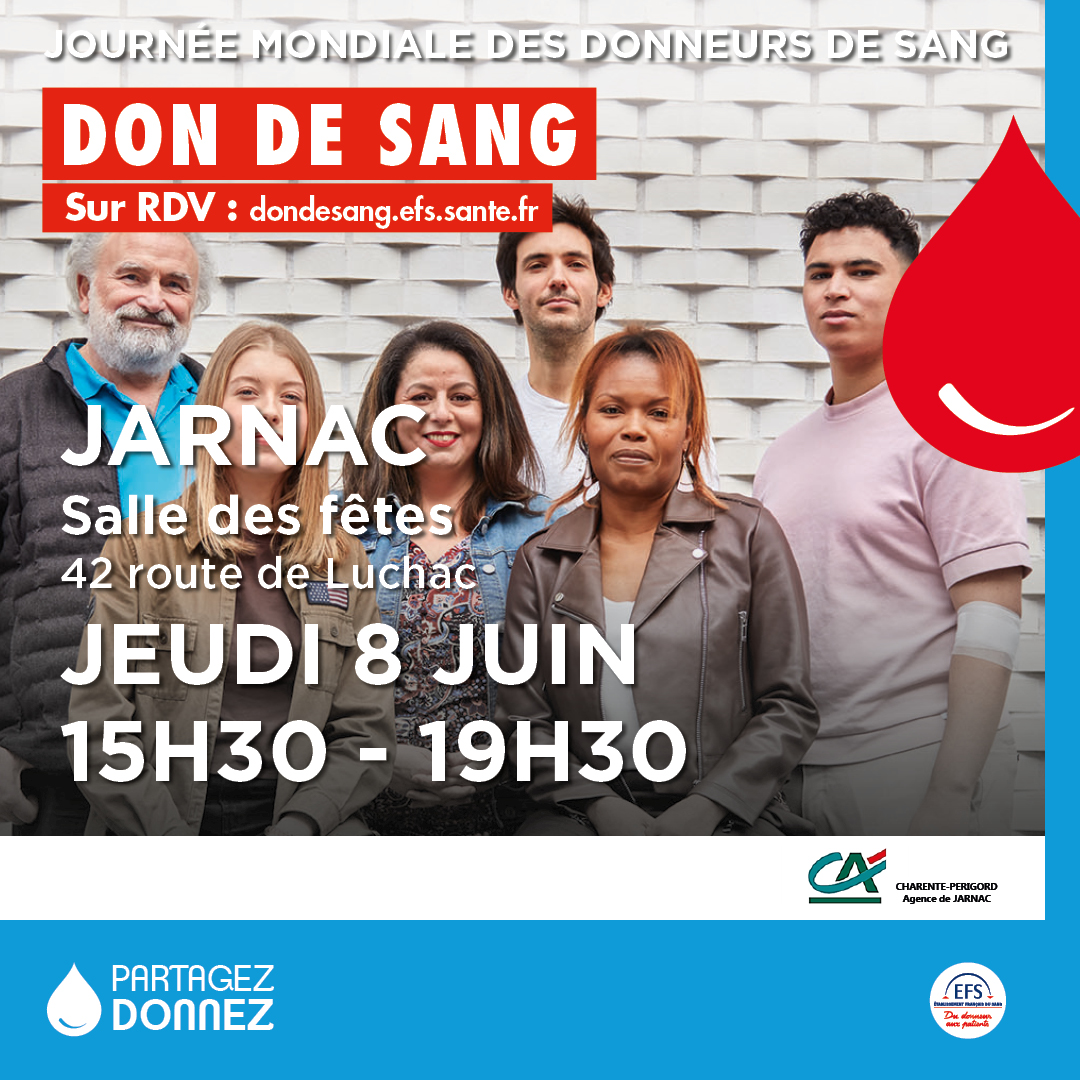 DON DE SANG : 8 JUIN - JARNAC