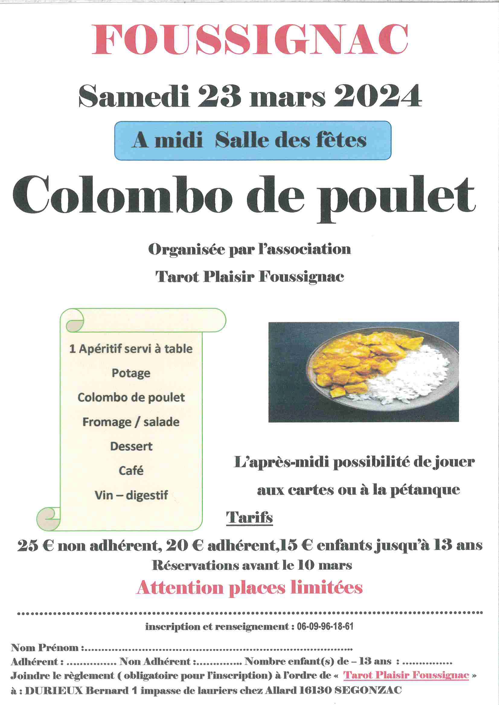 REPAS TAROT PLAISIR SAMEDI 23 MARS 2024