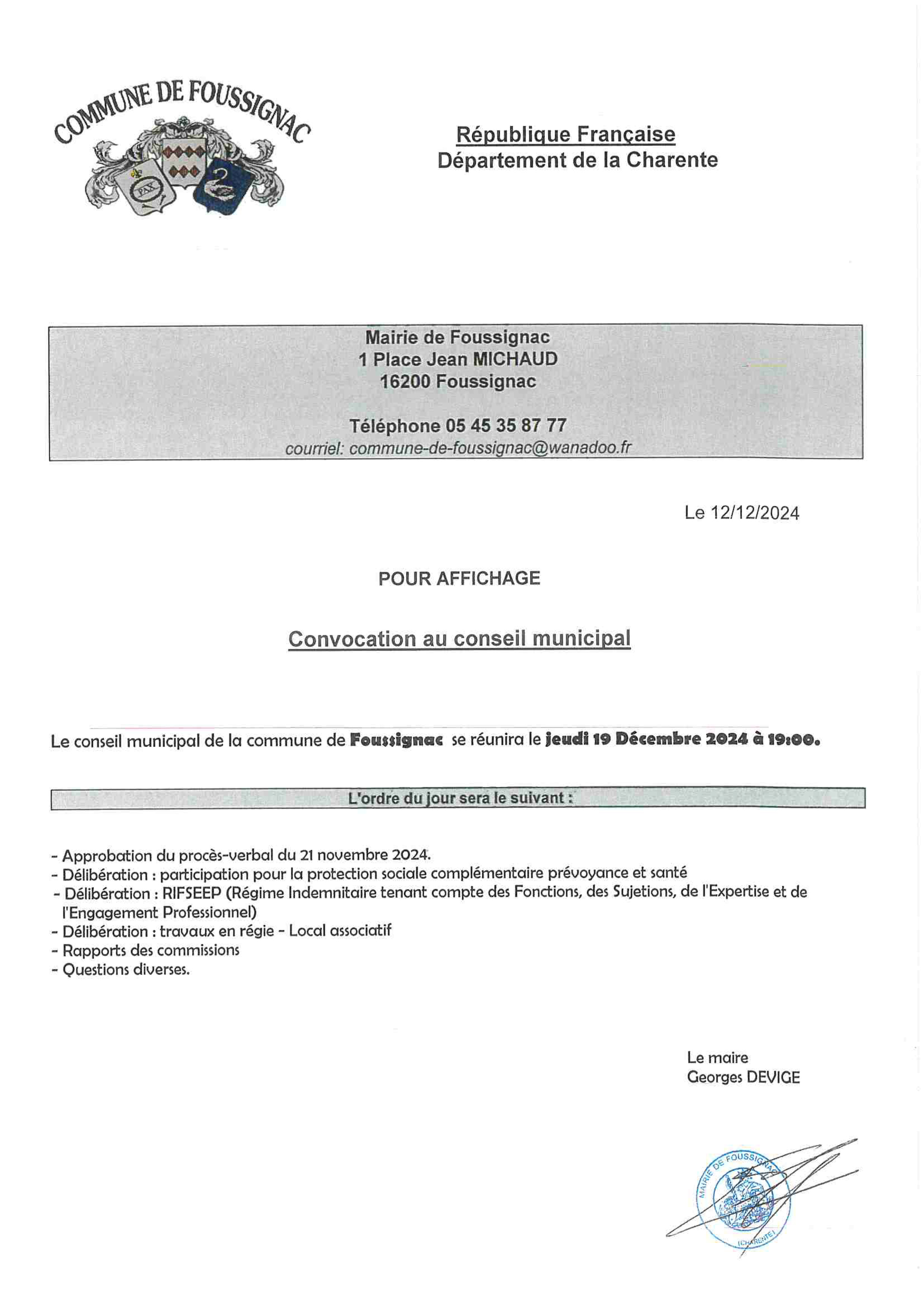 CONSEIL MUNICIPAL JEUDI 19 DECEMBRE 2024 A 19H