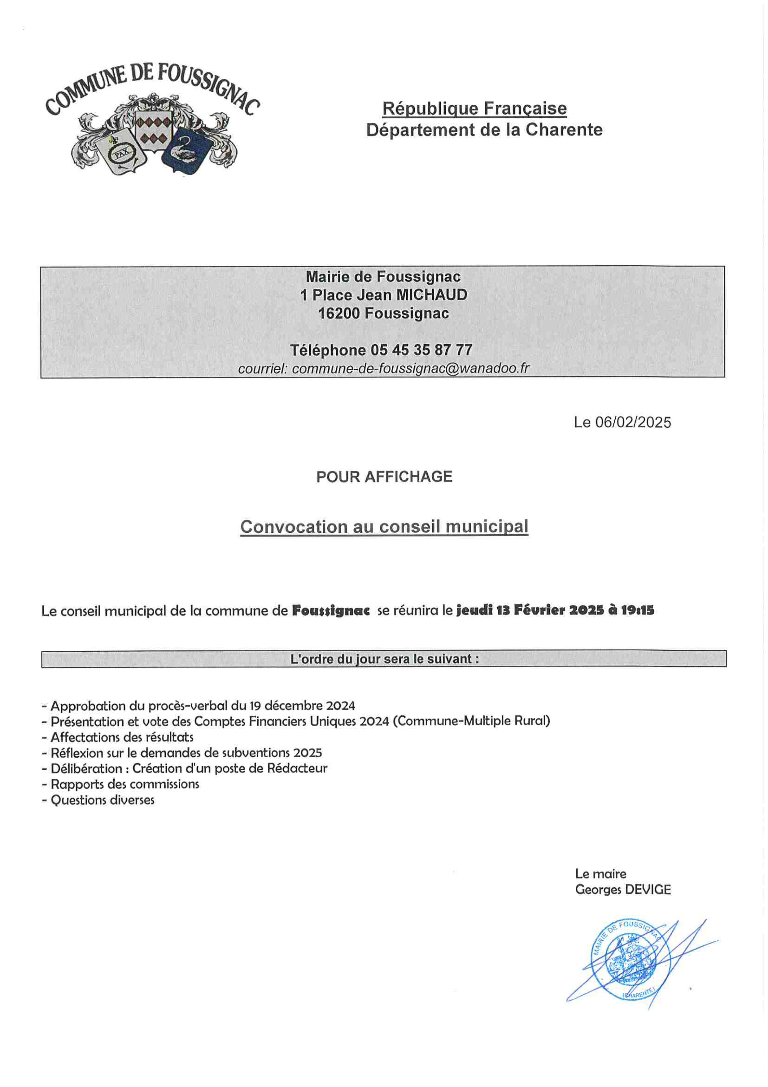 CONVOCATION CONSEIL MUNICIPAL 13 FEVRIER 2025