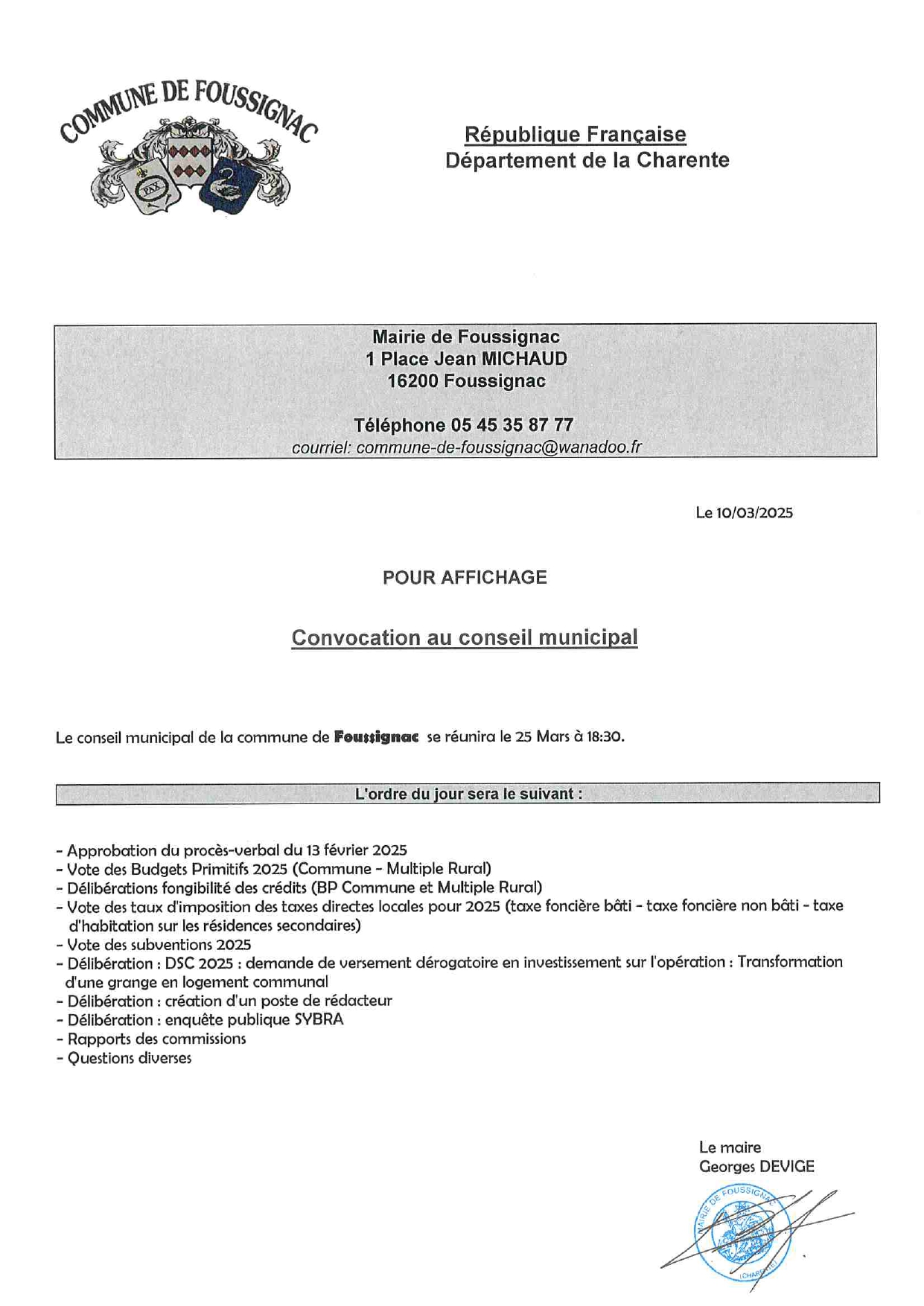 CONVOCATION CONSEIL MUNICIPAL 25 MARS 2025