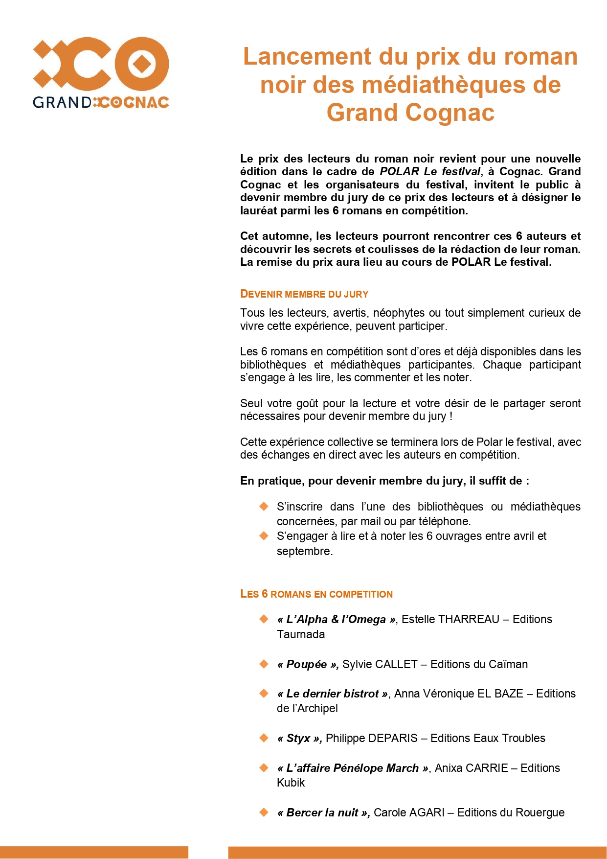 LANCEMENT DU PRIX DU ROMAN NOIR MEDIATHEQUES DE GRAND COGNAC