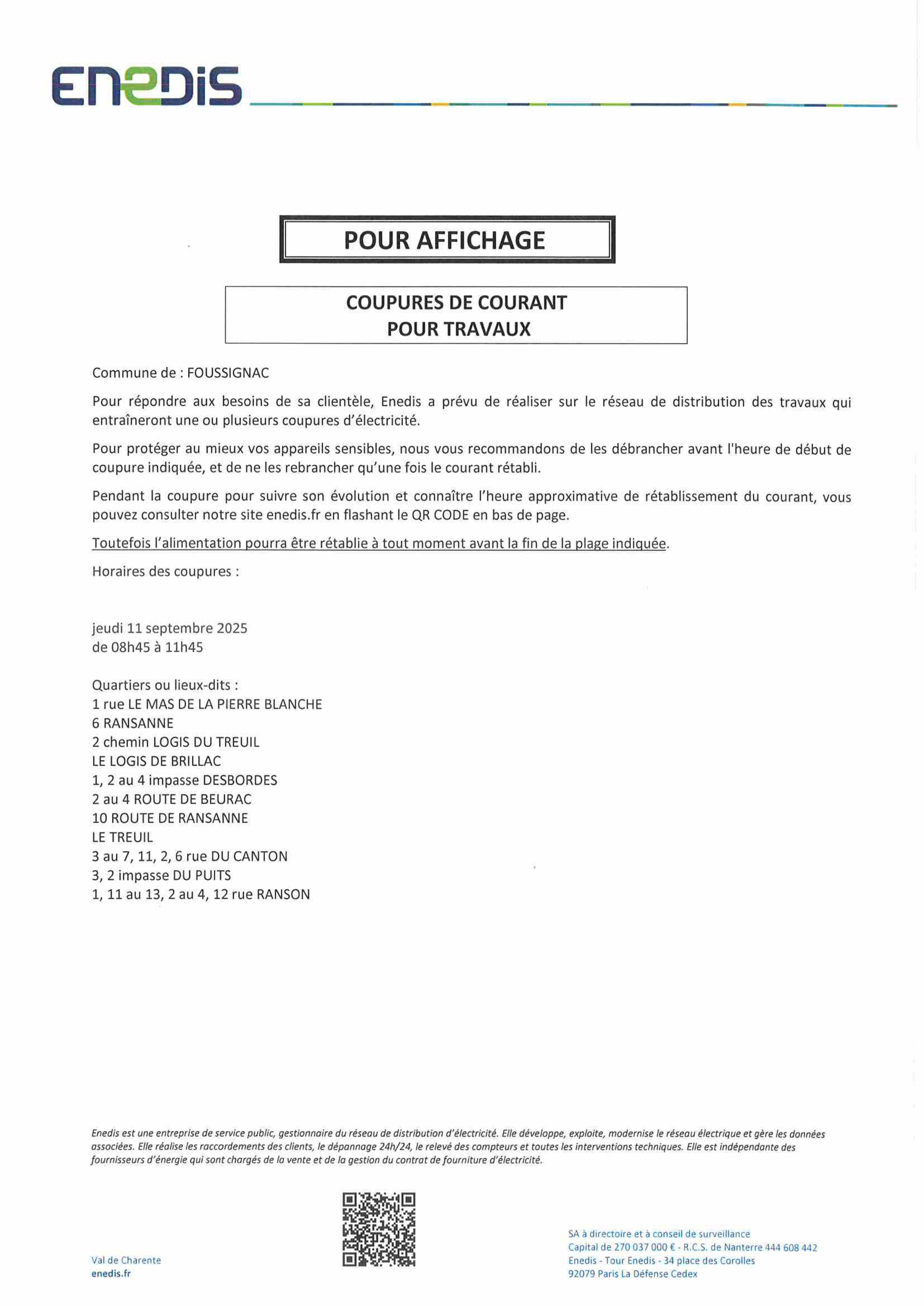 INFOS TRAVAUX ENEDIS COUPURES COURANT