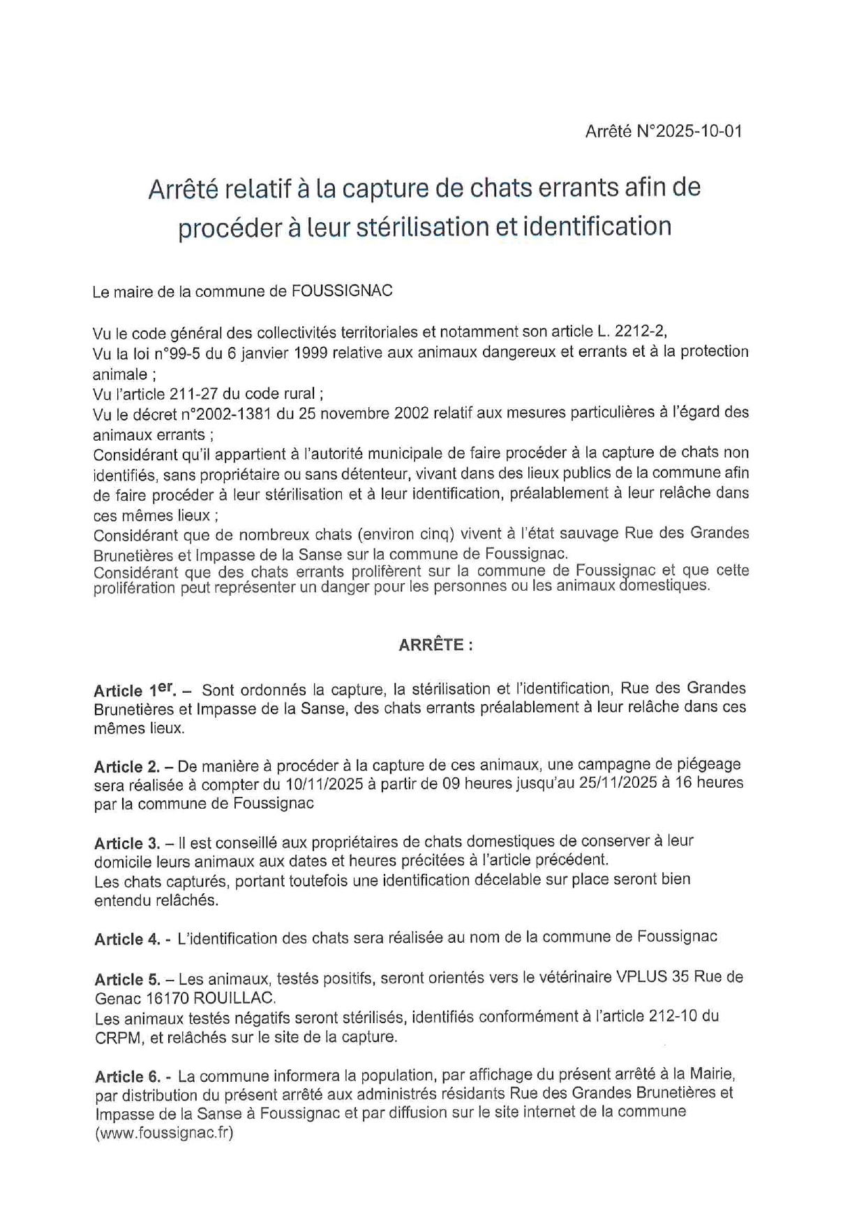 CAPTURE DE CHATS ERRANTS POUR STERILISATION ET IDENTIFICATION