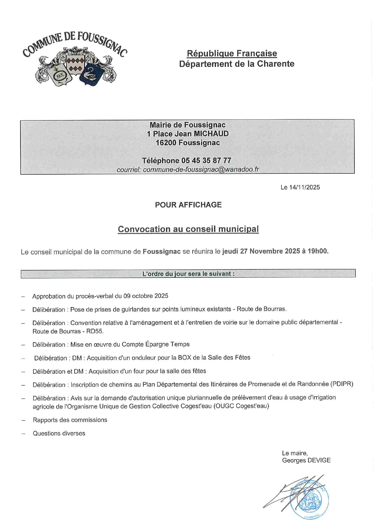 CONSEIL MUNICIPAL DU 27 NOVEMBRE 2025