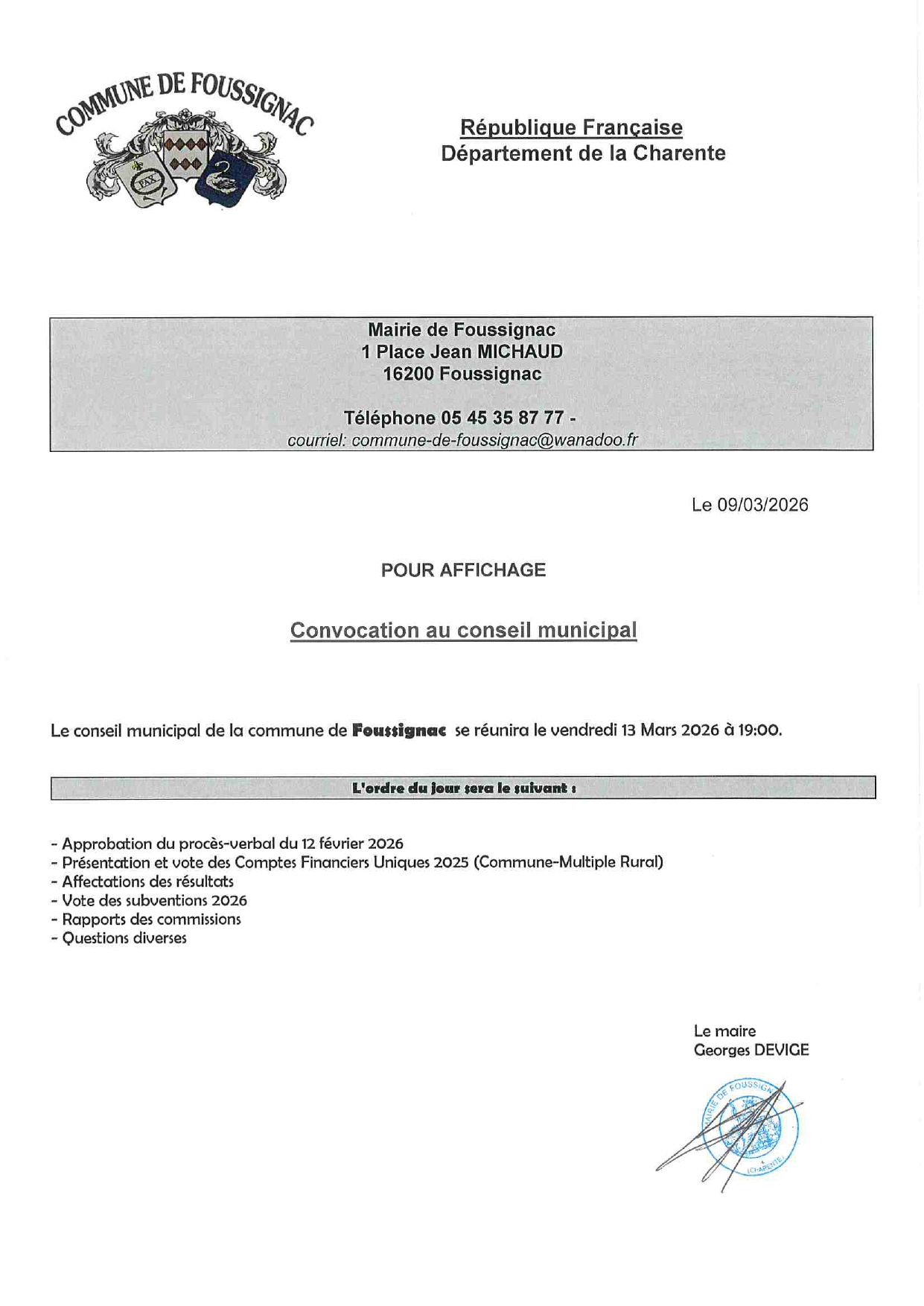 Convocation au conseil municipal du 13 mars 2026