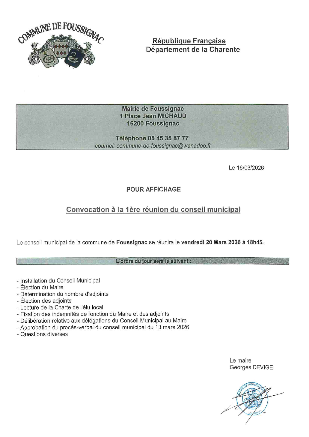Convocation au conseil municipal du 20 mars 2026