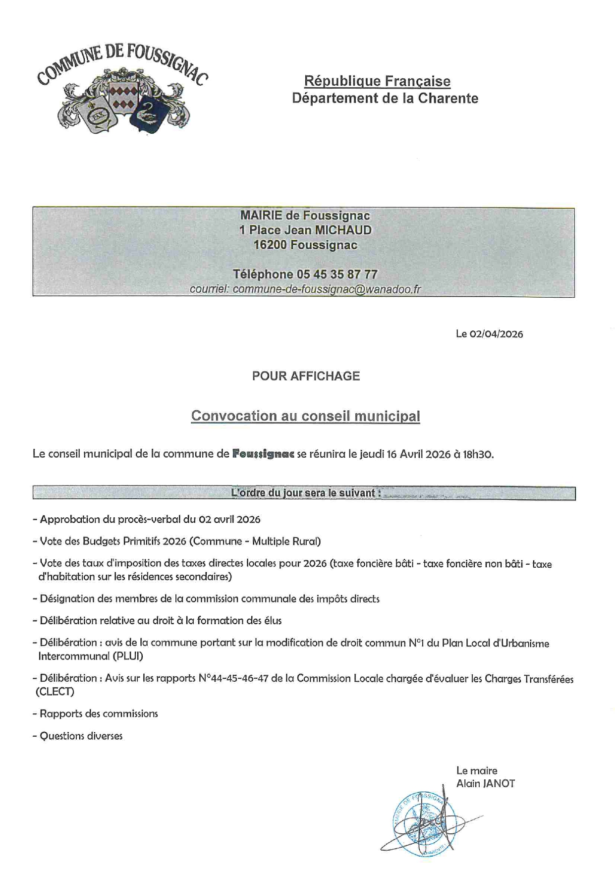 Convocation au conseil municipal du jeudi 16 avril 2026