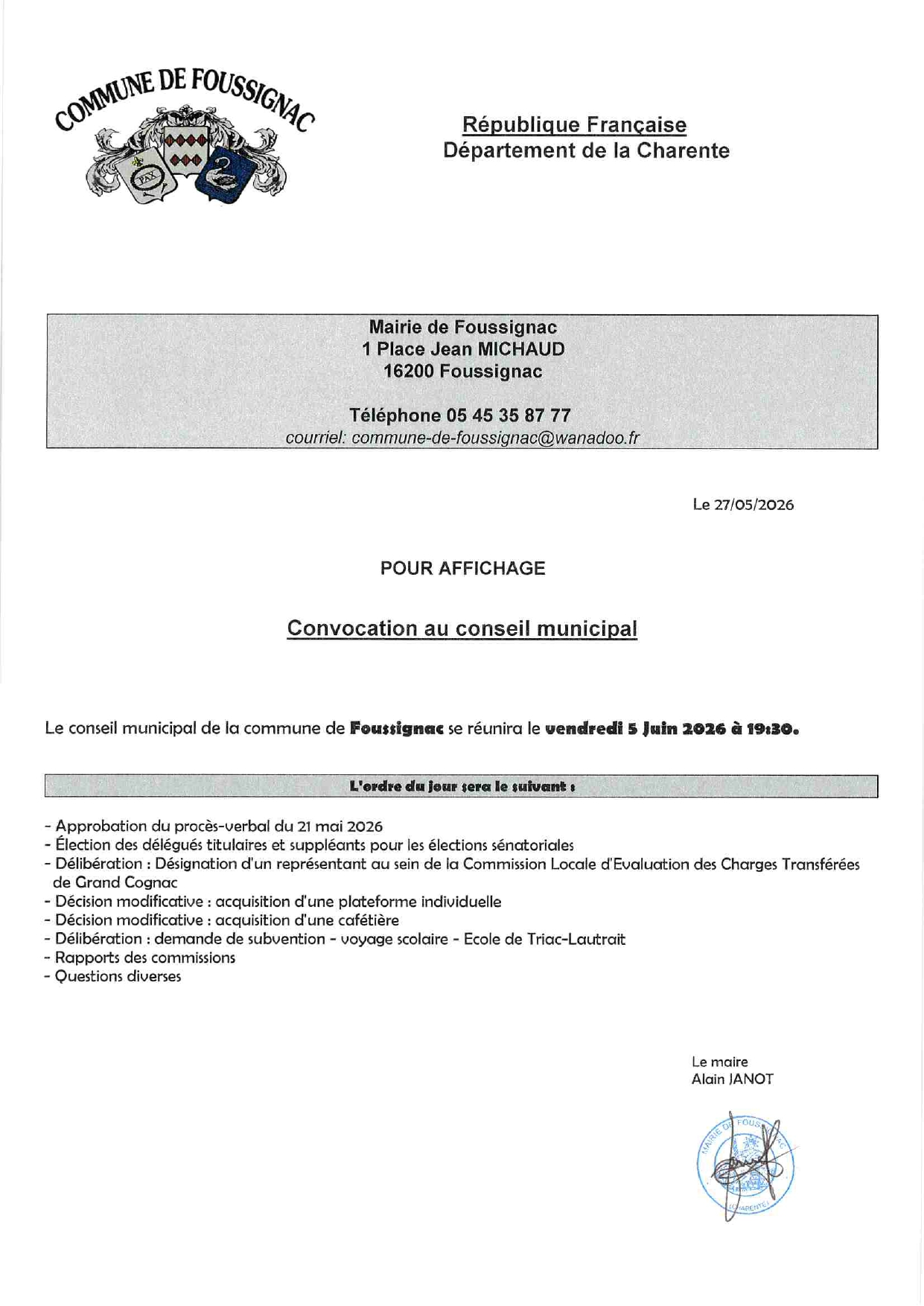 Convocation au conseil municipal du vendredi 05 juin 2026