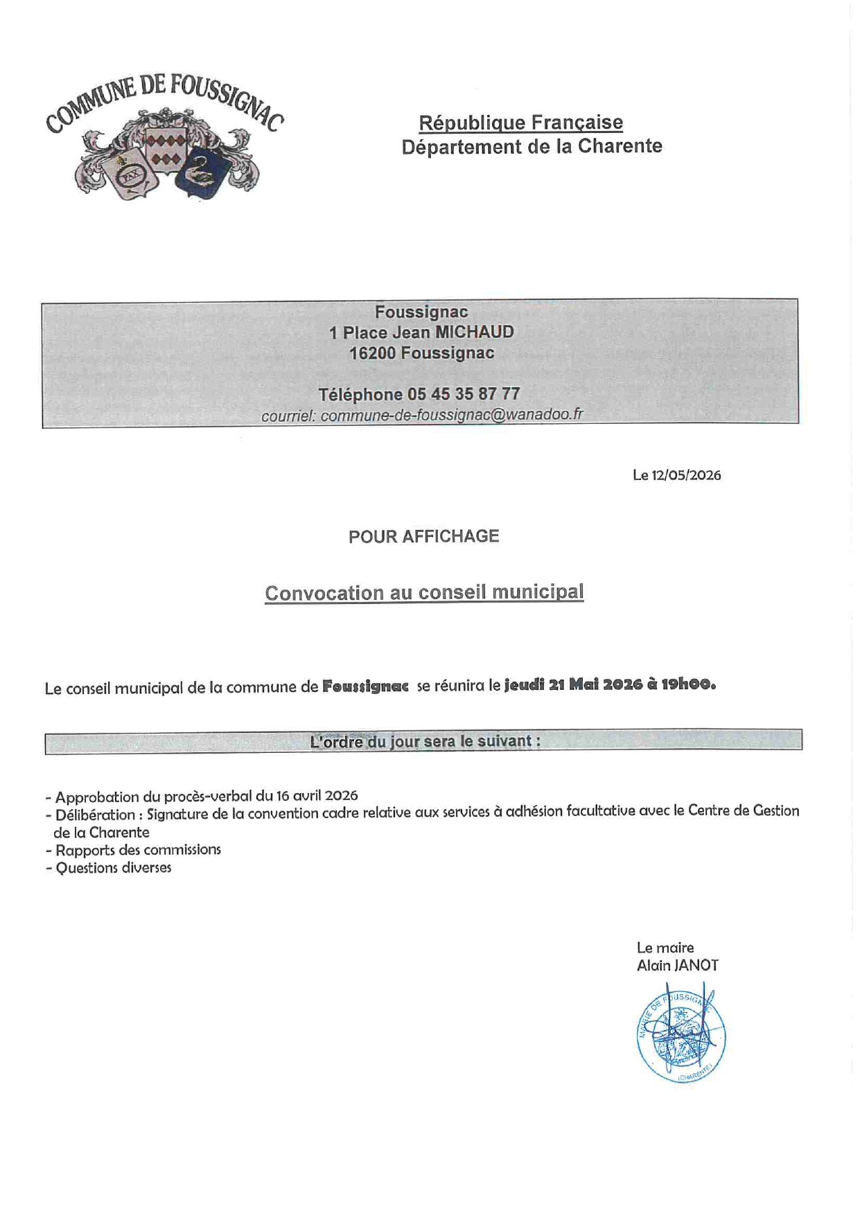Convocation au conseil municipal du jeudi 21 mai 2026