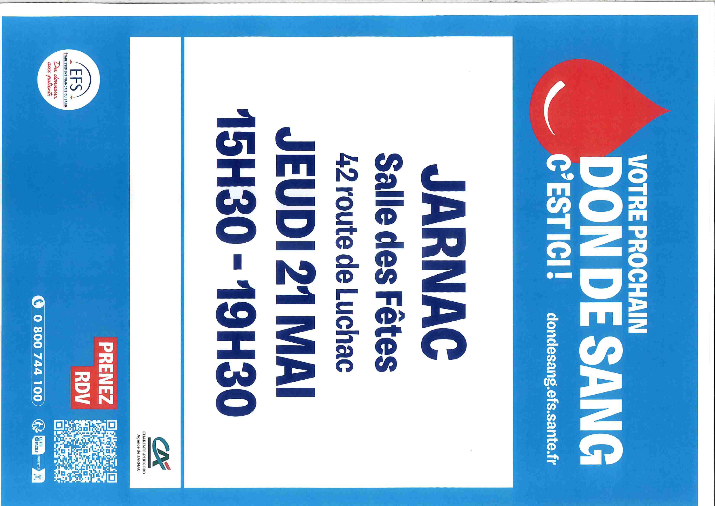 don du sang le 21 mai 2026 à JARNAC