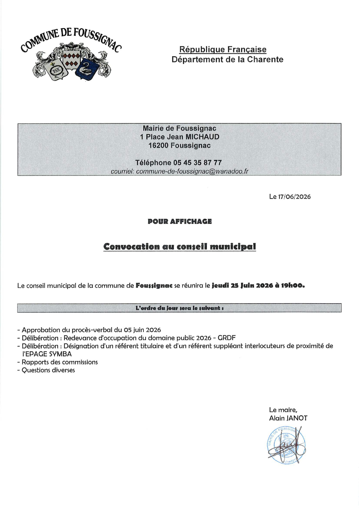 Convocation au conseil municipal du jeudi 25 juin 2026