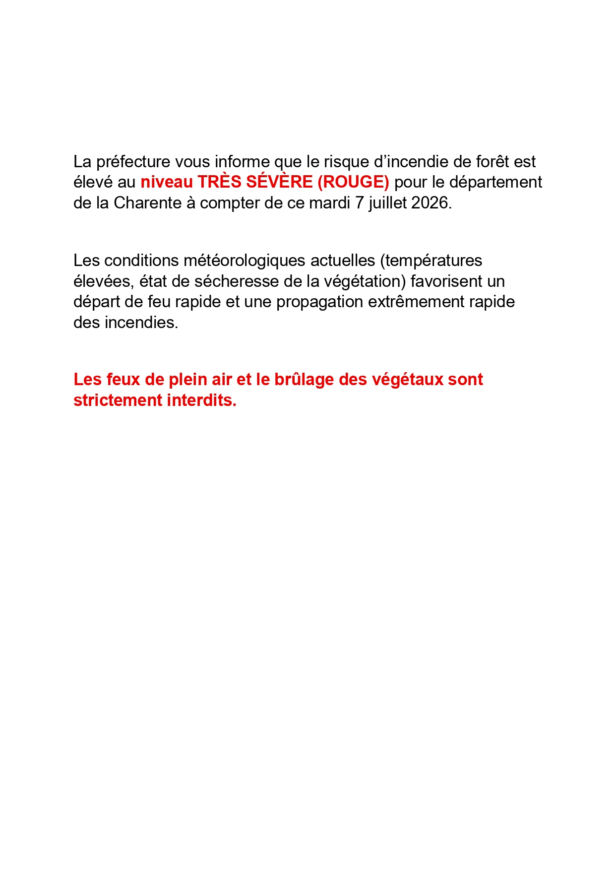 RISQUE INCENDIE DE FORET NIVEAU ROUGE