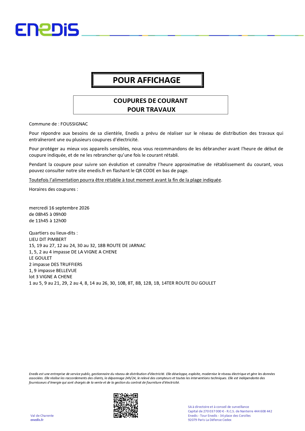 COUPURE ENEDIS 16 SEPTEMBRE 2026