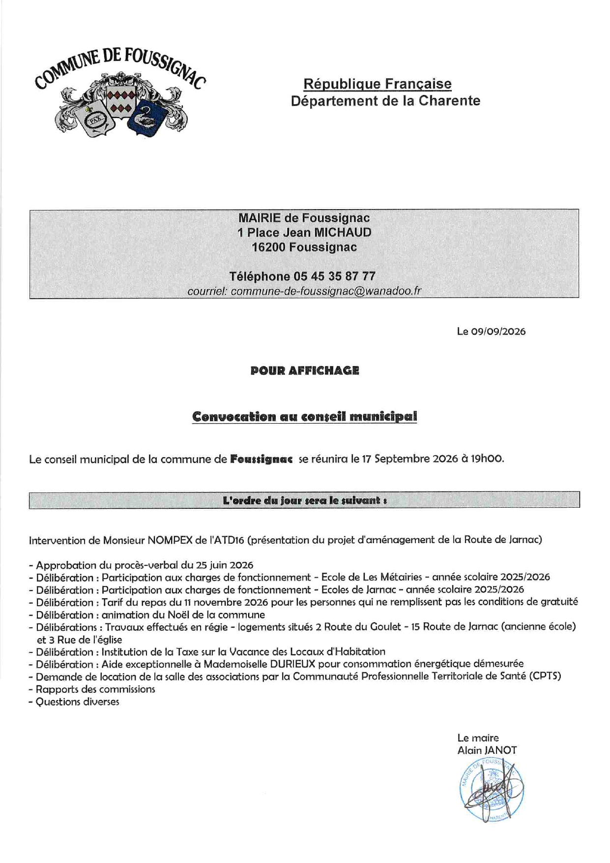 Convocation au conseil municipal du jeudi 17 septembre 2026