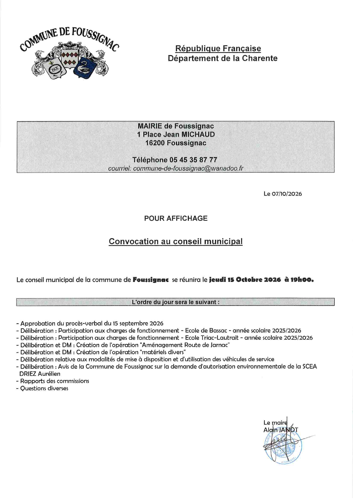 Convocation au conseil municipal du jeudi 15 octobre 2026